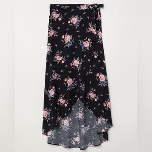 H&M Black Midi Wrap Skirt With Pink Roses